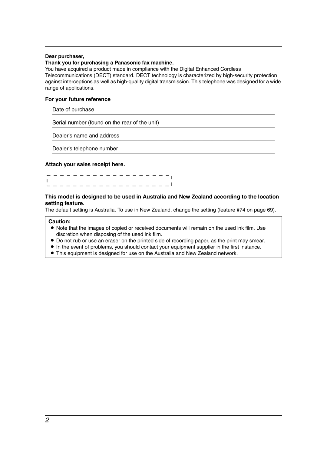 Panasonic KX-FC241AL manual For your future reference 