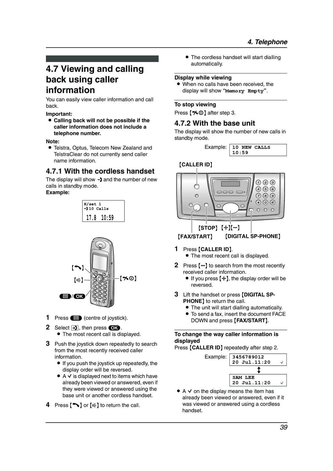 Panasonic KX-FC241AL manual Viewing and calling back using caller information, Caller ID, FAX/START Digital SP-PHONE 