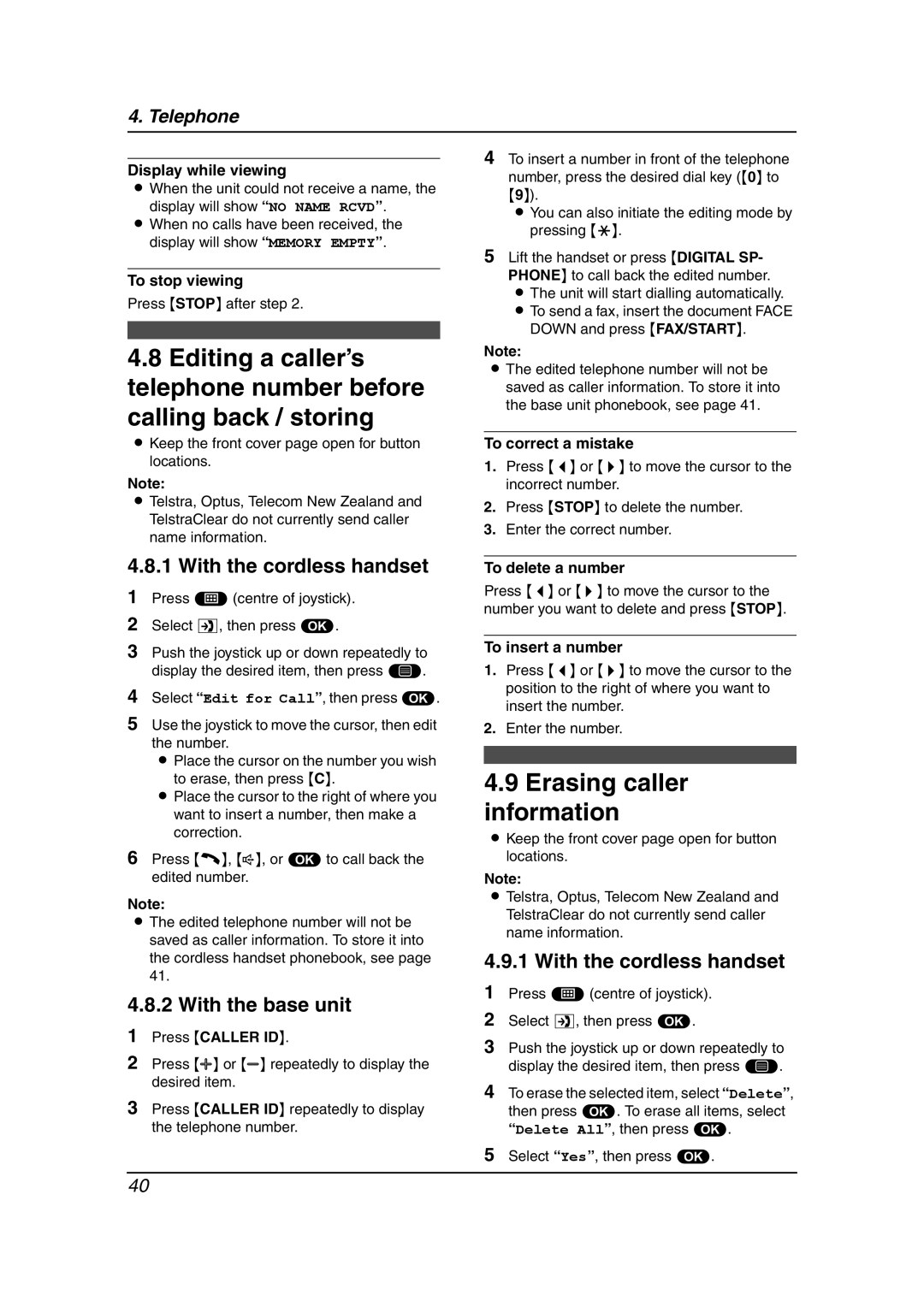 Panasonic KX-FC241AL manual Erasing caller information, Press Stop after step, To delete a number, To insert a number 