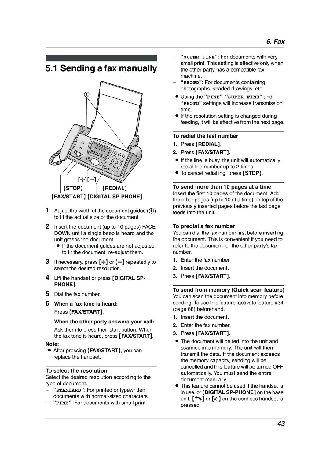 Panasonic KX-FC241AL Sending a fax manually, Stop Redial FAX/START Digital SP-PHONE 