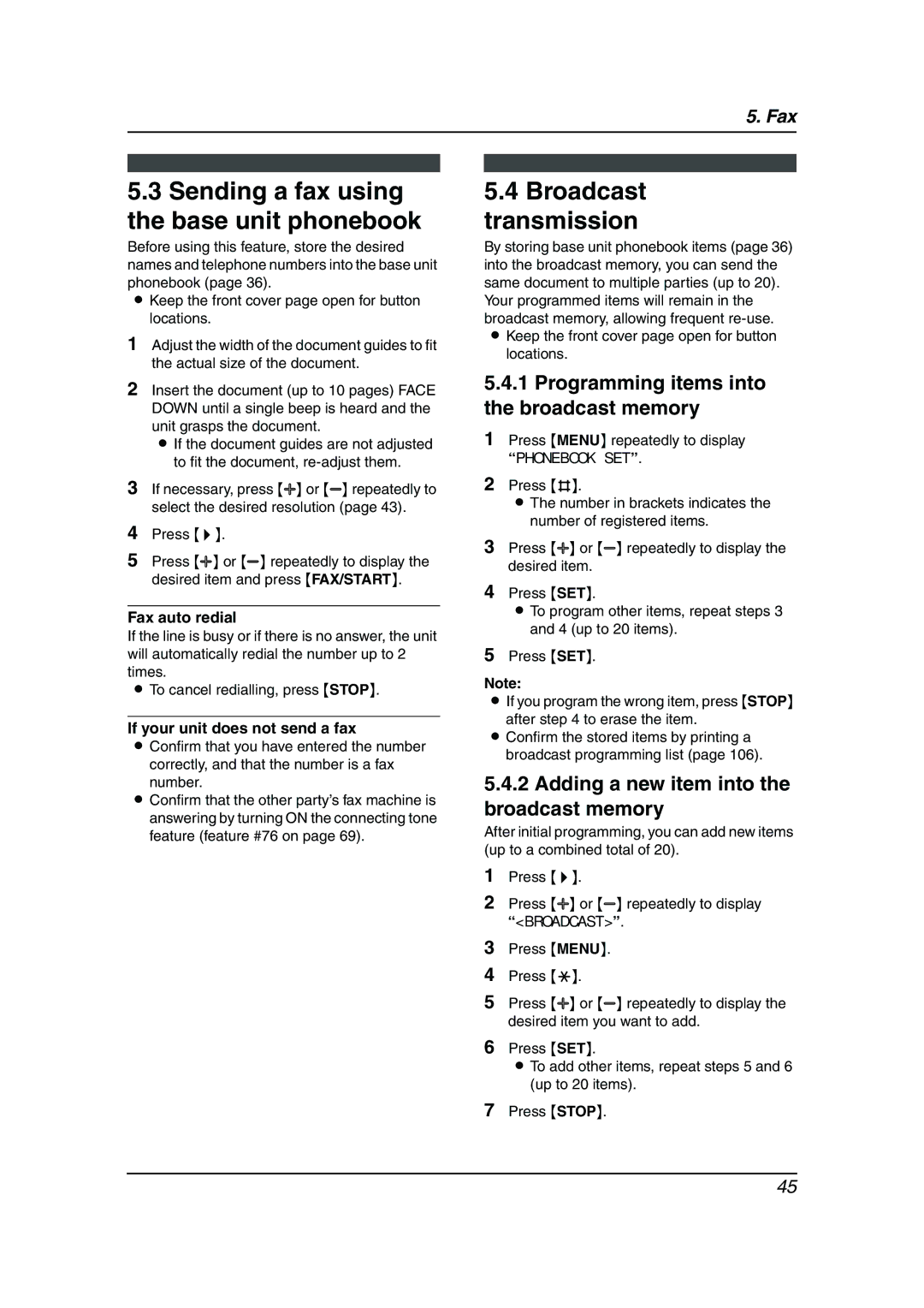 Panasonic KX-FC241AL manual Sending a fax using the base unit phonebook, Broadcast transmission 