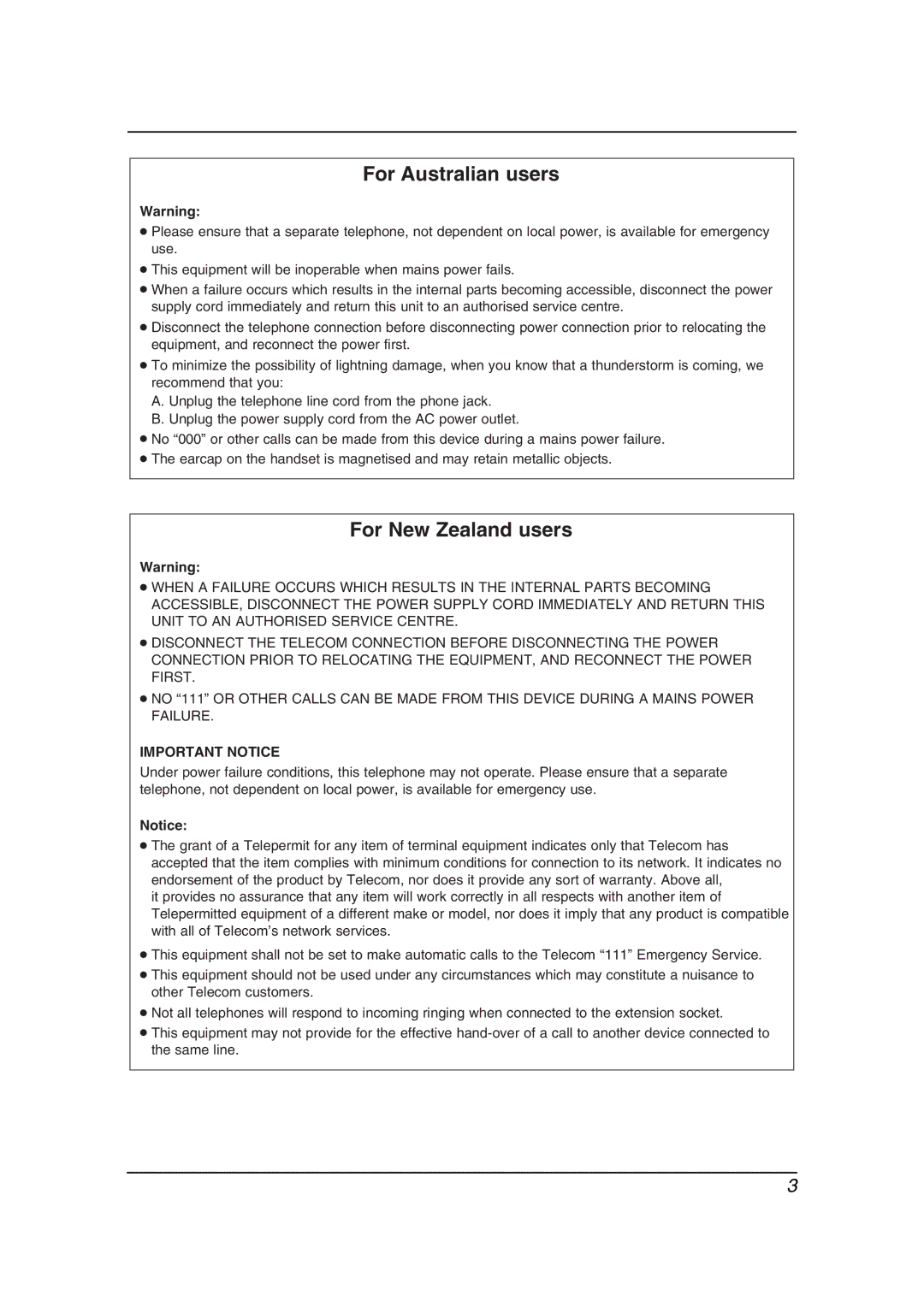 Panasonic KX-FC241AL manual For Australian users, For New Zealand users 