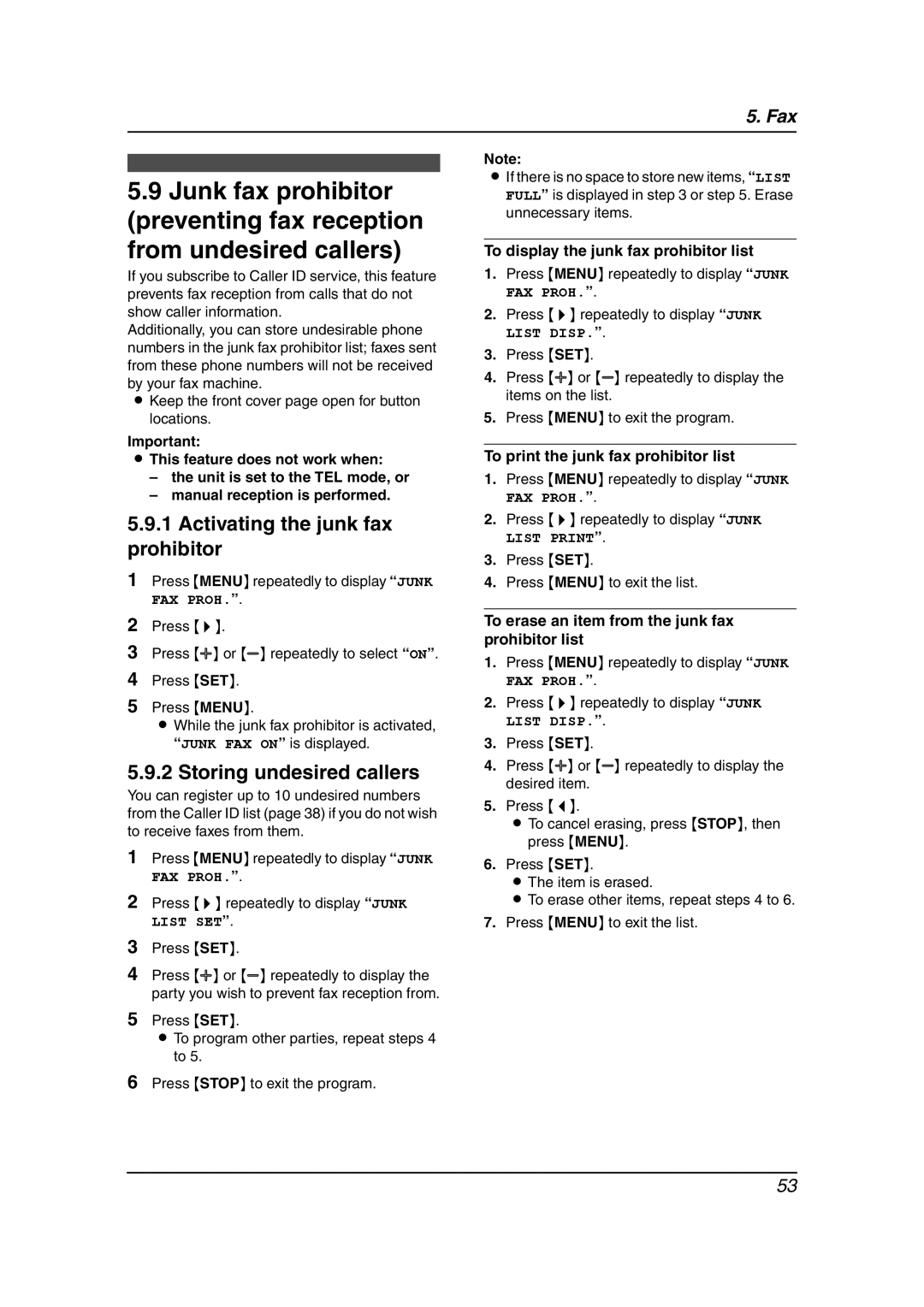 Panasonic KX-FC241AL Activating the junk fax prohibitor, Storing undesired callers, To print the junk fax prohibitor list 