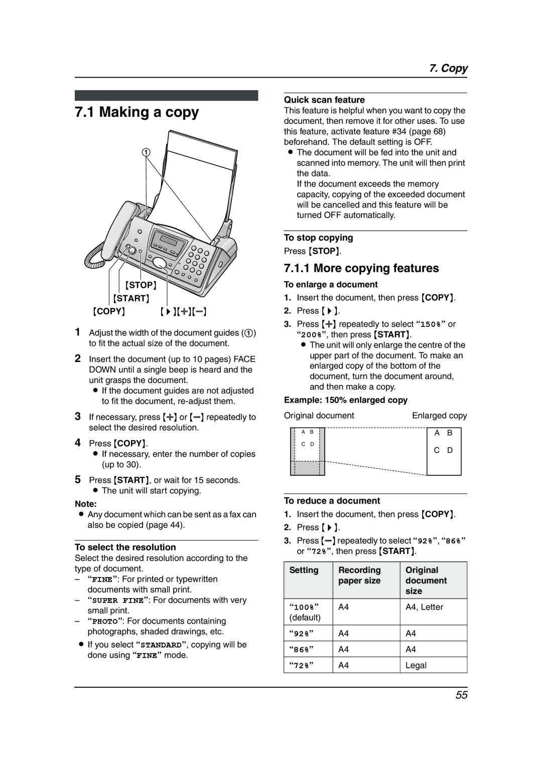 Panasonic KX-FC241AL manual Making a copy, More copying features, Stop Start 