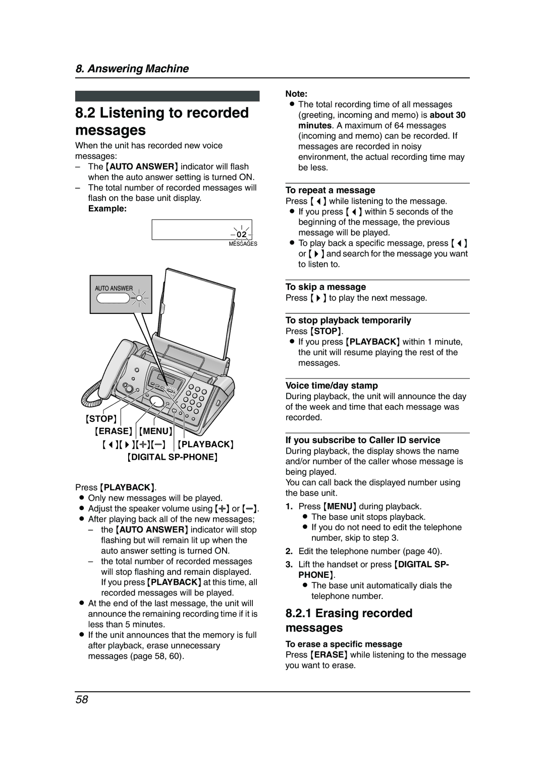 Panasonic KX-FC241AL manual Listening to recorded messages, Erasing recorded messages, Stop Erase Menu 