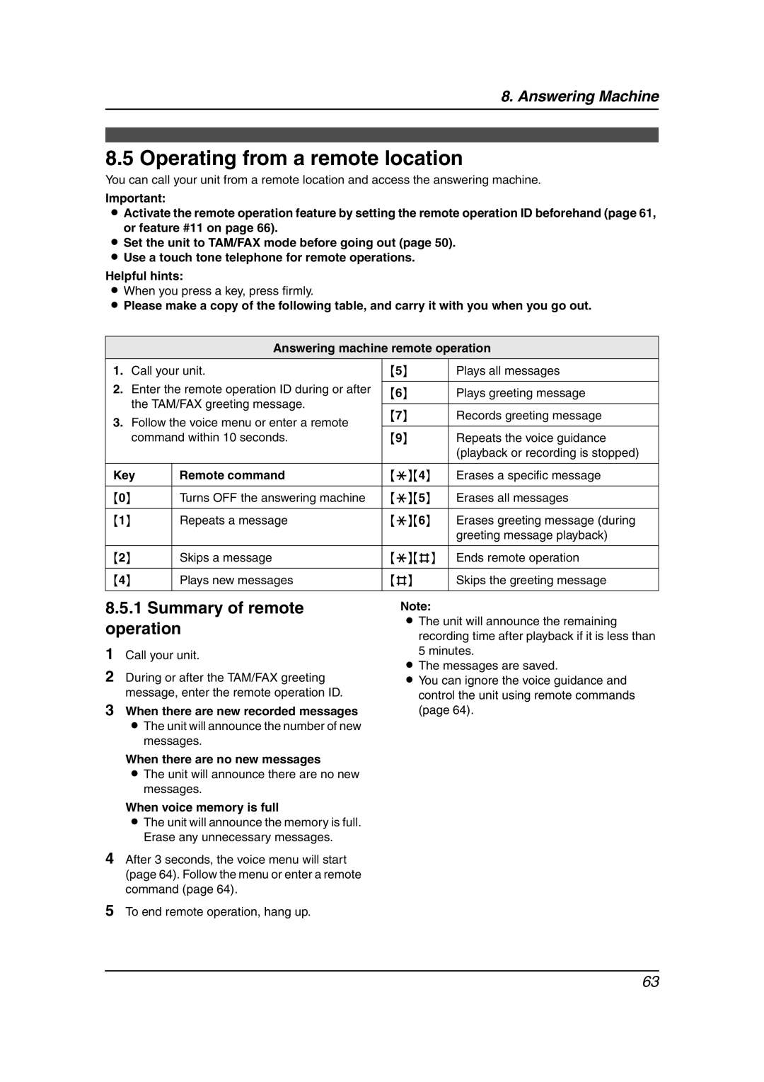 Panasonic KX-FC241AL manual Operating from a remote location, Summary of remote operation 