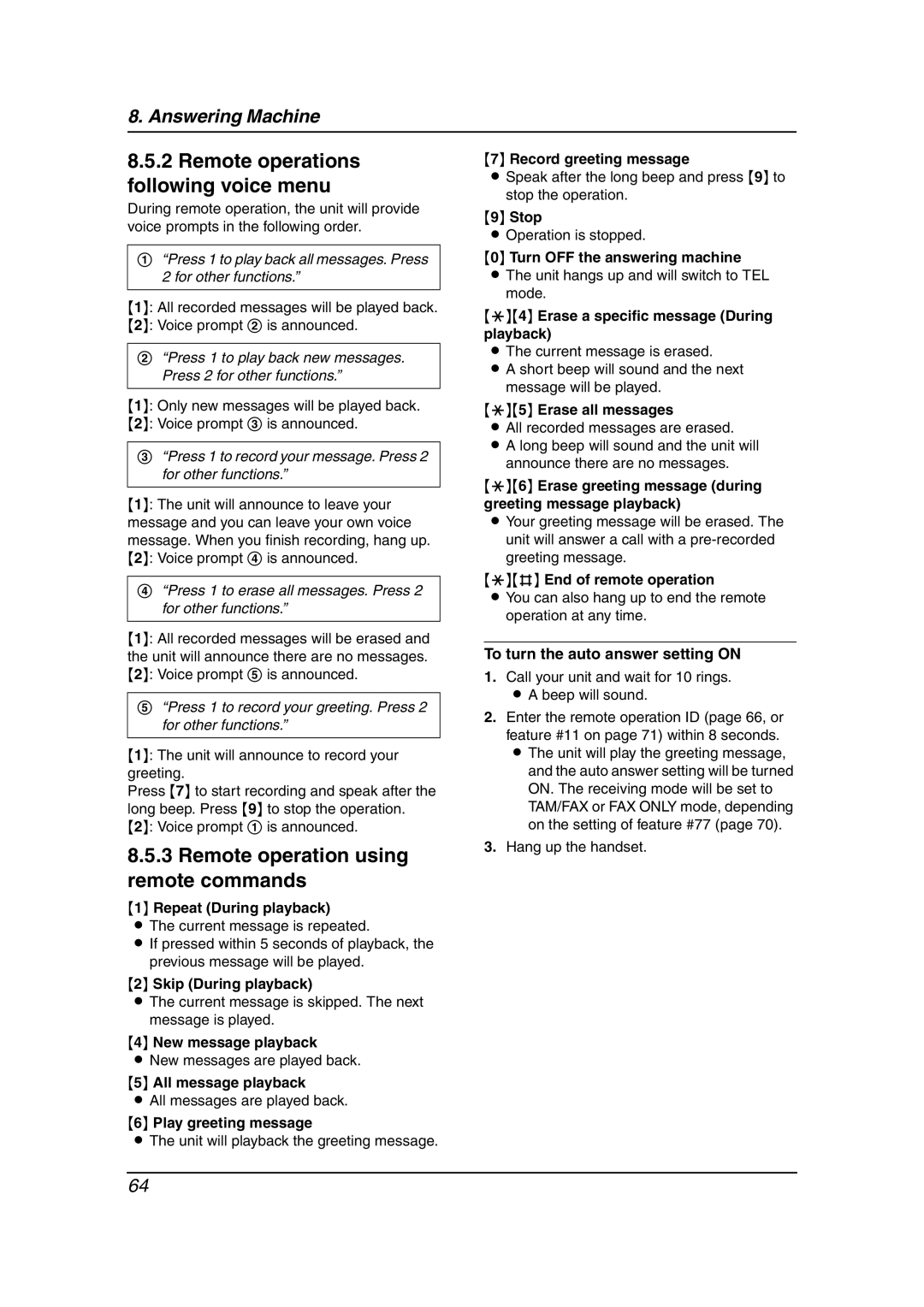 Panasonic KX-FC241AL manual Remote operations following voice menu, Remote operation using remote commands 