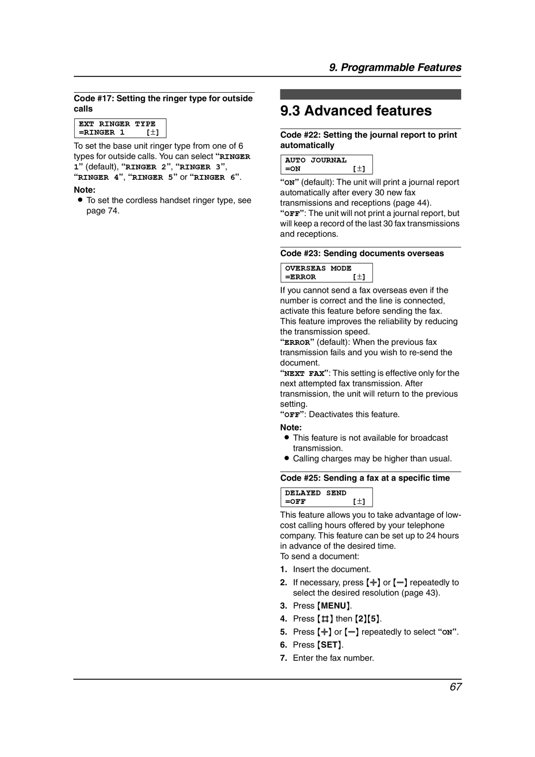 Panasonic KX-FC241AL manual Advanced features, Code #17 Setting the ringer type for outside calls 