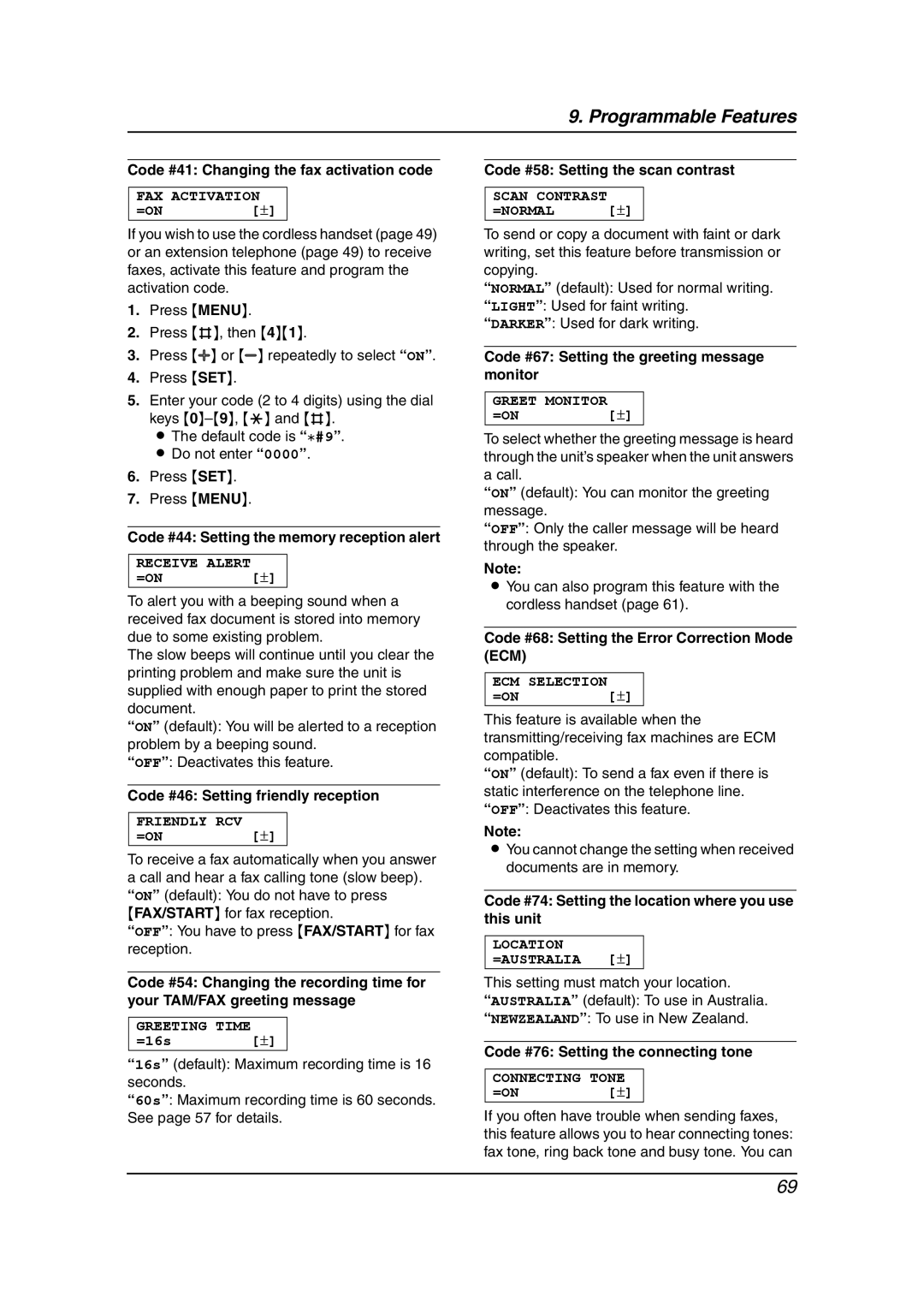 Panasonic KX-FC241AL manual Code #41 Changing the fax activation code, Code #44 Setting the memory reception alert 