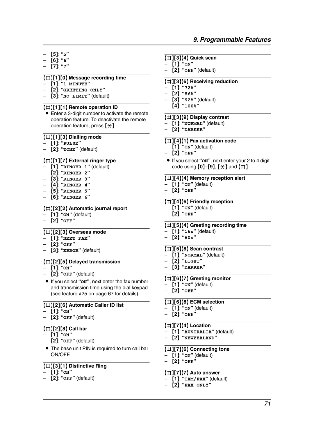 Panasonic KX-FC241AL #10 Message recording time, #11 Remote operation ID, #13 Dialling mode, #17 External ringer type 