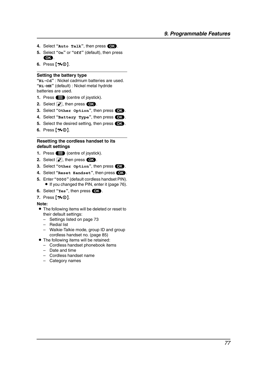 Panasonic KX-FC241AL manual Setting the battery type, Resetting the cordless handset to its default settings 