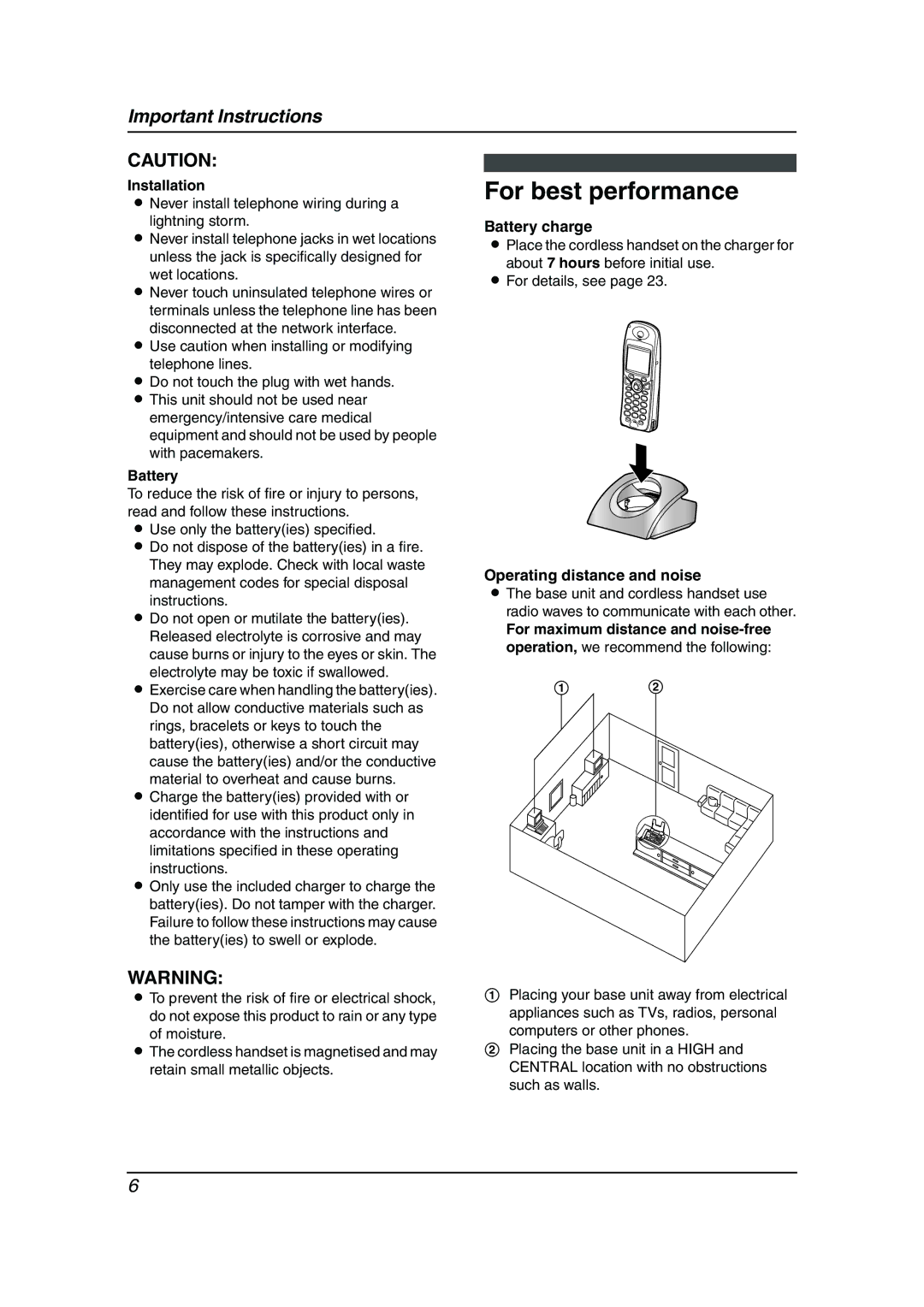 Panasonic KX-FC241AL manual For best performance, Battery charge, Operating distance and noise 