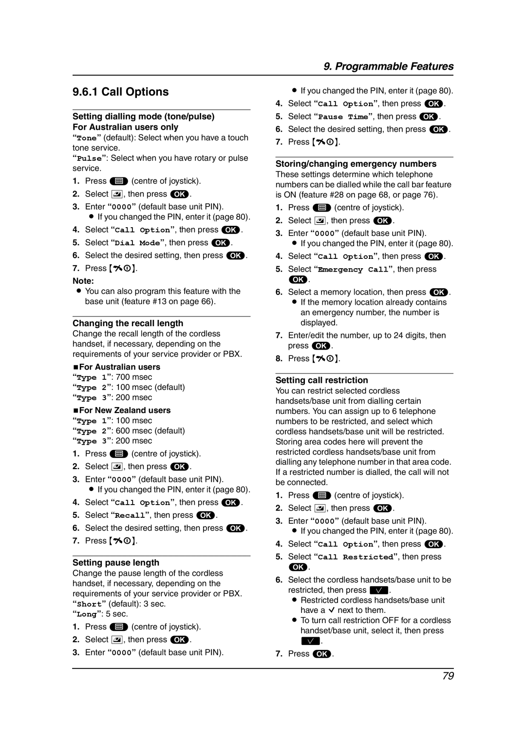 Panasonic KX-FC241AL manual Setting dialling mode tone/pulse For Australian users only, Changing the recall length 