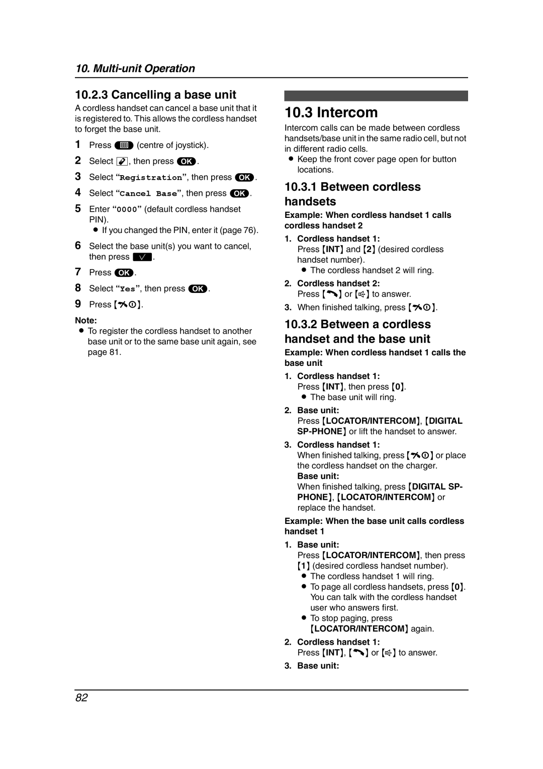 Panasonic KX-FC241AL manual Intercom, Cancelling a base unit, Between cordless handsets 