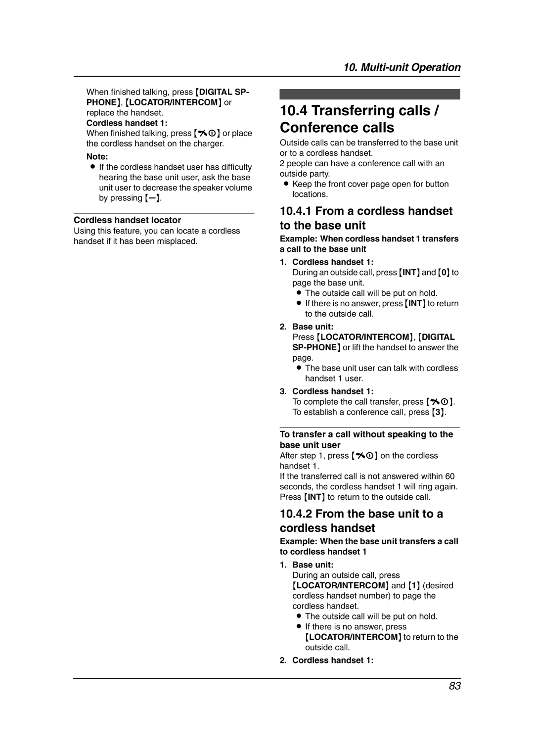 Panasonic KX-FC241AL manual Transferring calls / Conference calls, From a cordless handset to the base unit 