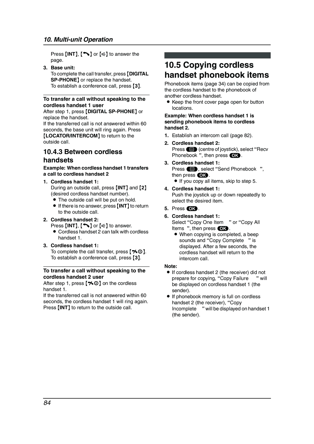 Panasonic KX-FC241AL manual Copying cordless handset phonebook items, To establish a conference call, press 