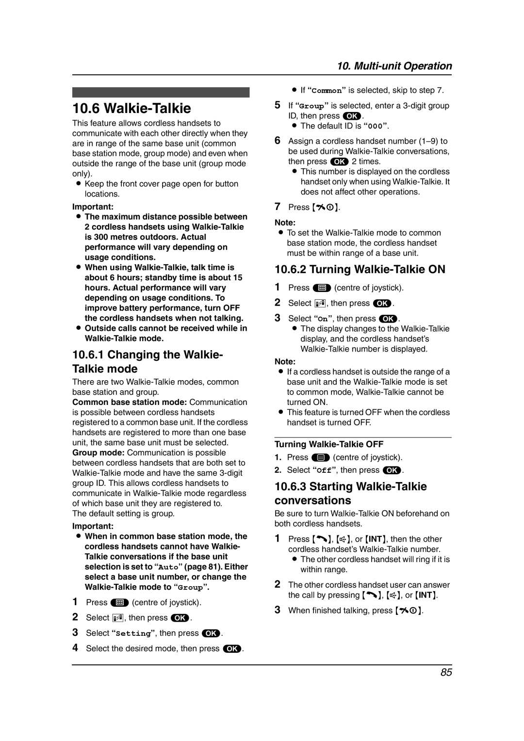 Panasonic KX-FC241AL Changing the Walkie- Talkie mode, Turning Walkie-Talkie on, Starting Walkie-Talkie conversations 