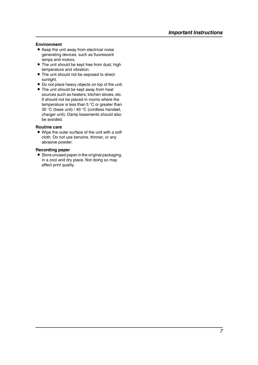 Panasonic KX-FC241AL manual Environment, Routine care, Recording paper 