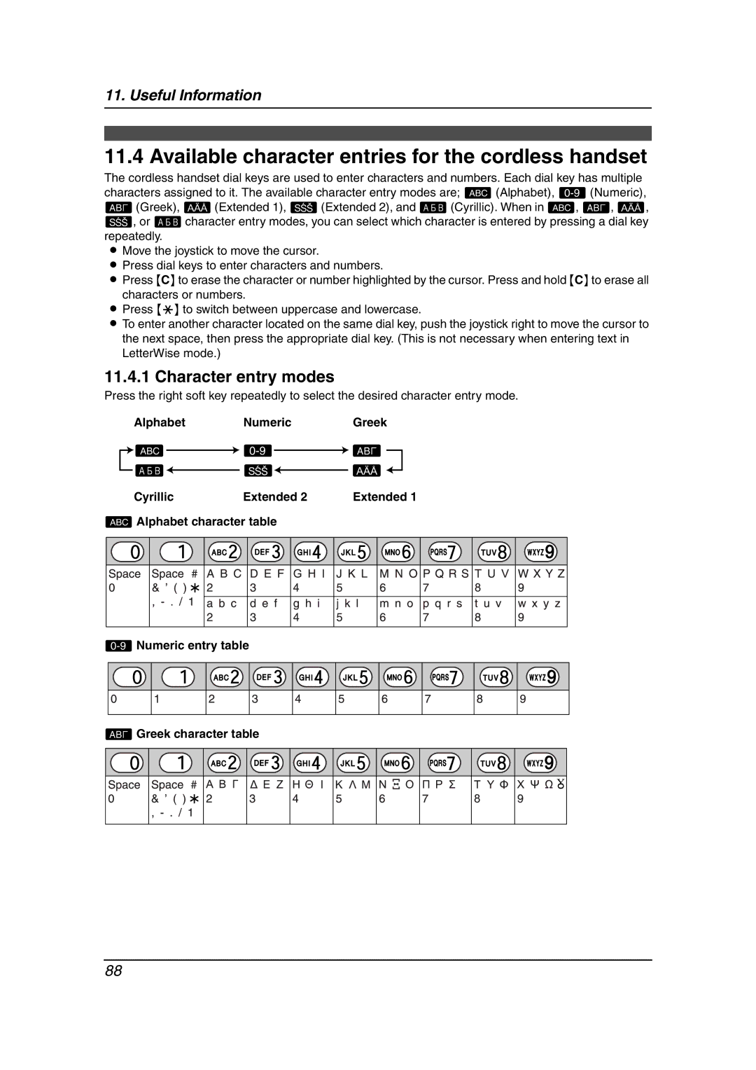 Panasonic KX-FC241AL manual Available character entries for the cordless handset, Character entry modes 