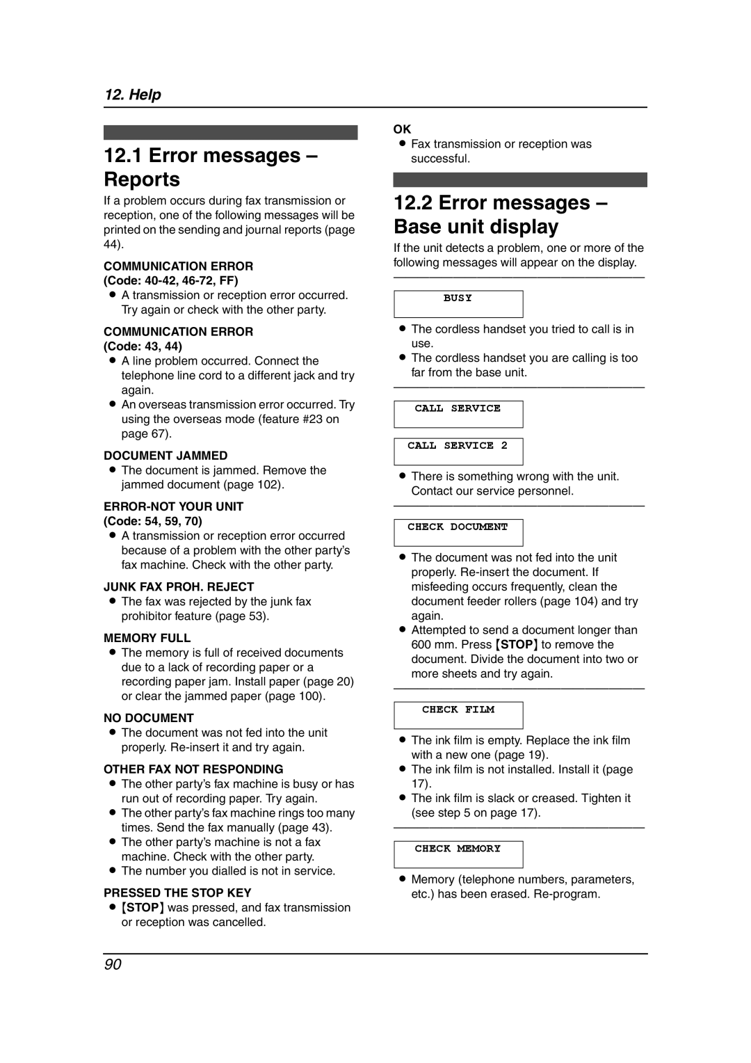 Panasonic KX-FC241AL manual Error messages Reports, Error messages Base unit display 