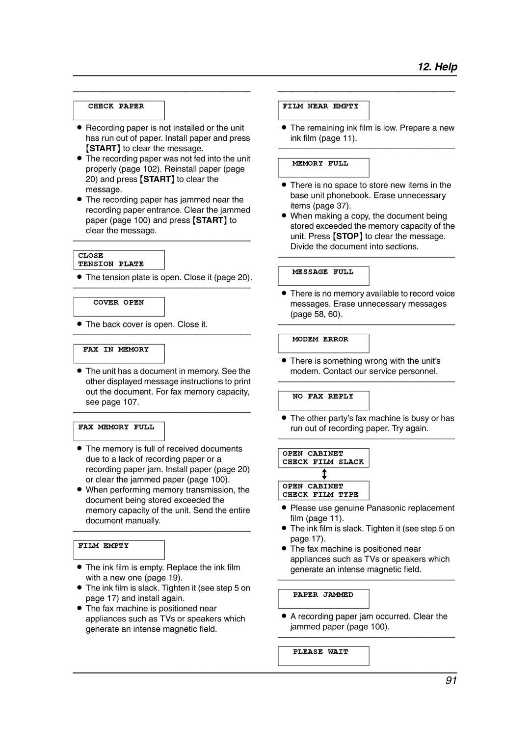 Panasonic KX-FC241AL Check Paper, Close Tension Plate, Cover Open, FAX in Memory, FAX Memory Full, Film Empty, Modem Error 