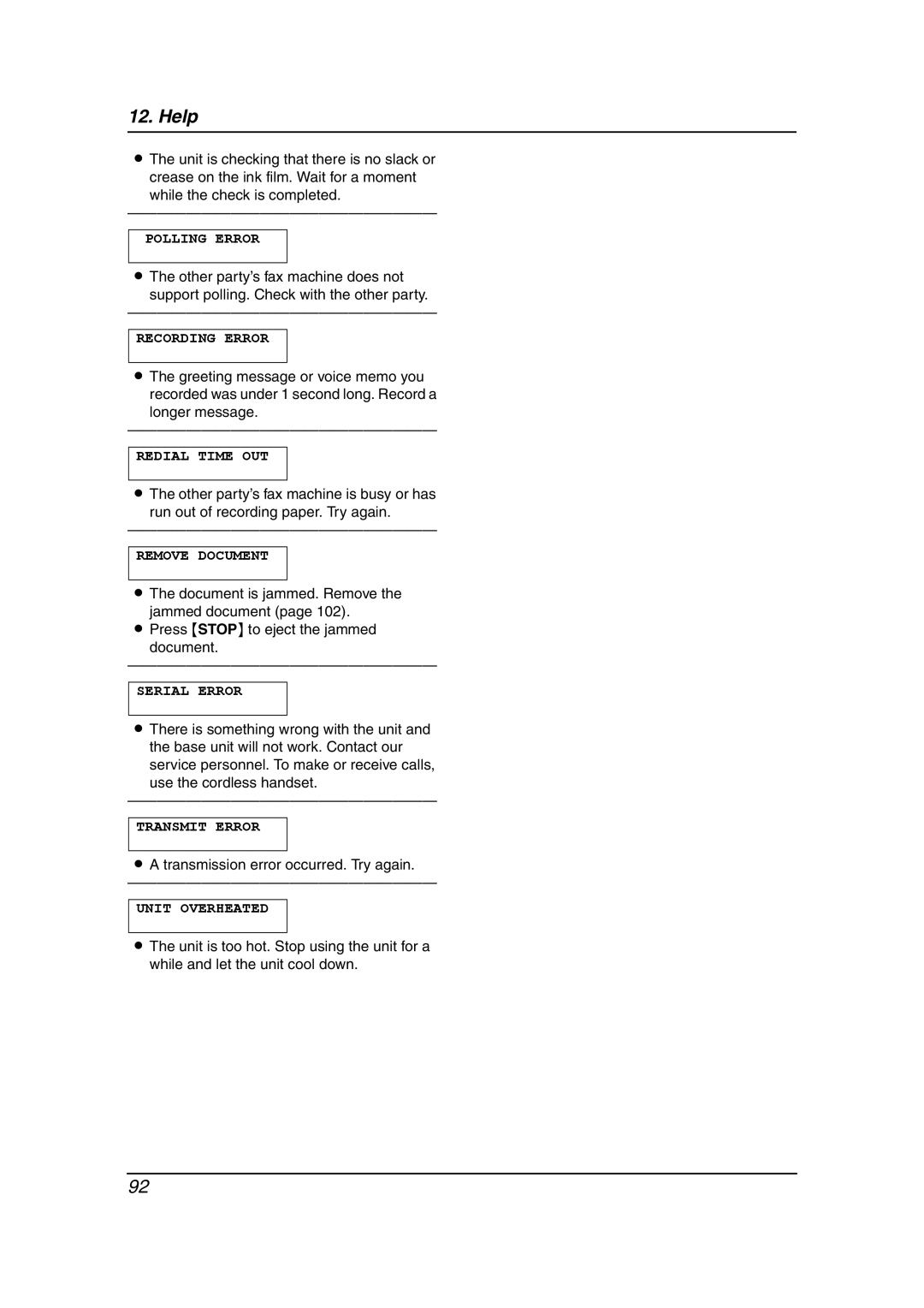 Panasonic KX-FC241AL manual Polling Error, Recording Error, Redial Time OUT, Remove Document, Serial Error, Transmit Error 