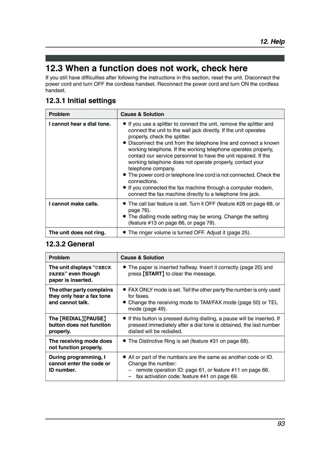 Panasonic KX-FC241AL manual When a function does not work, check here, Initial settings, General 