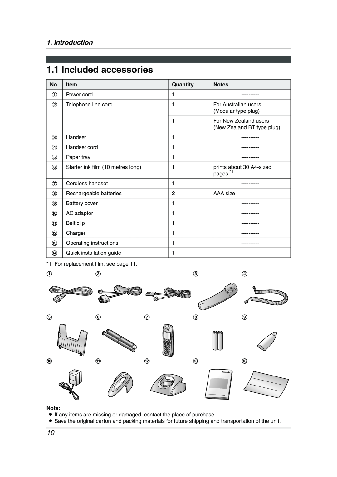 Panasonic KX-FC241AL manual Included accessories, Introduction, Quantity 