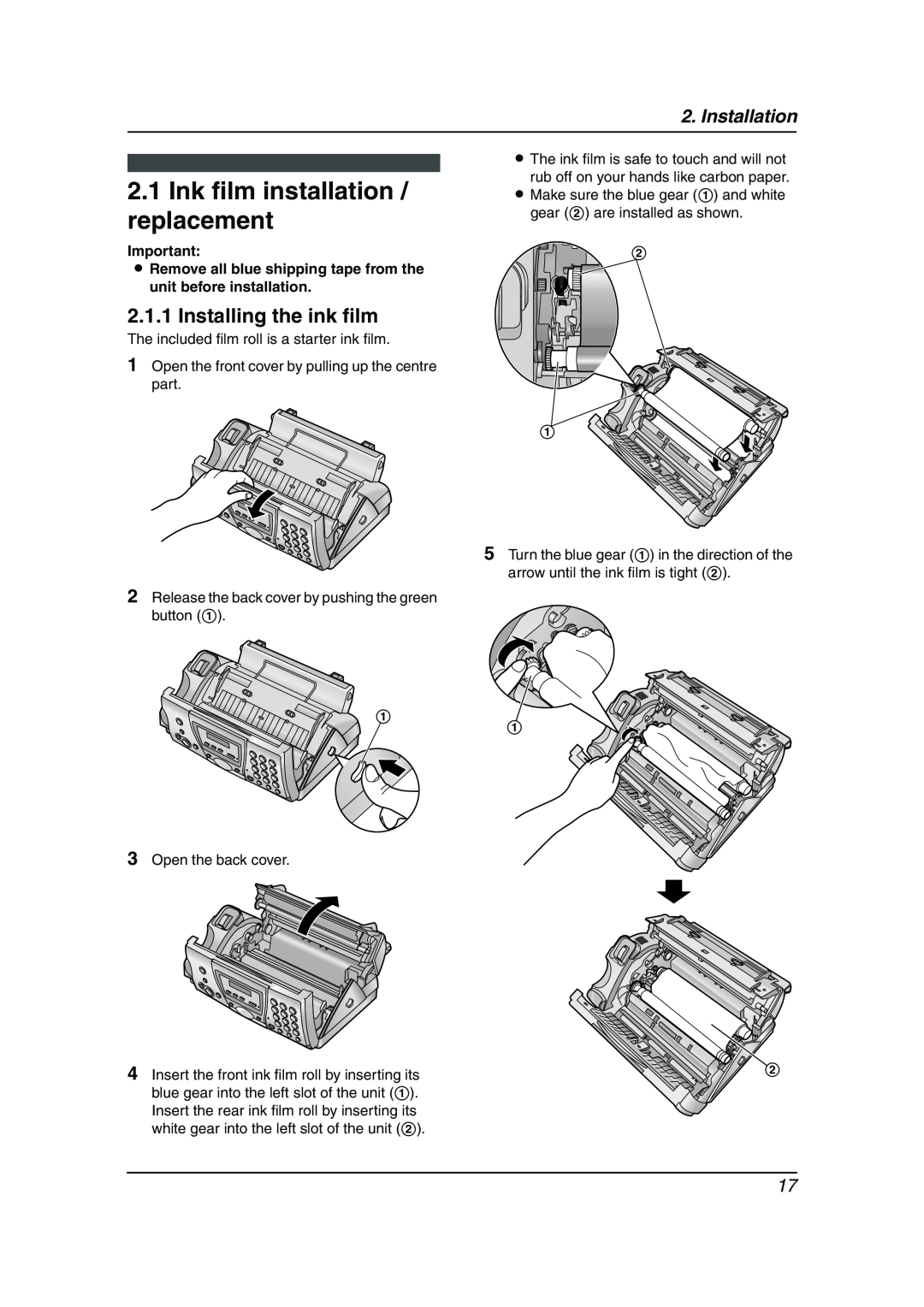 Panasonic KX-FC241AL manual Ink film installation / replacement, Installing the ink film, Installation 