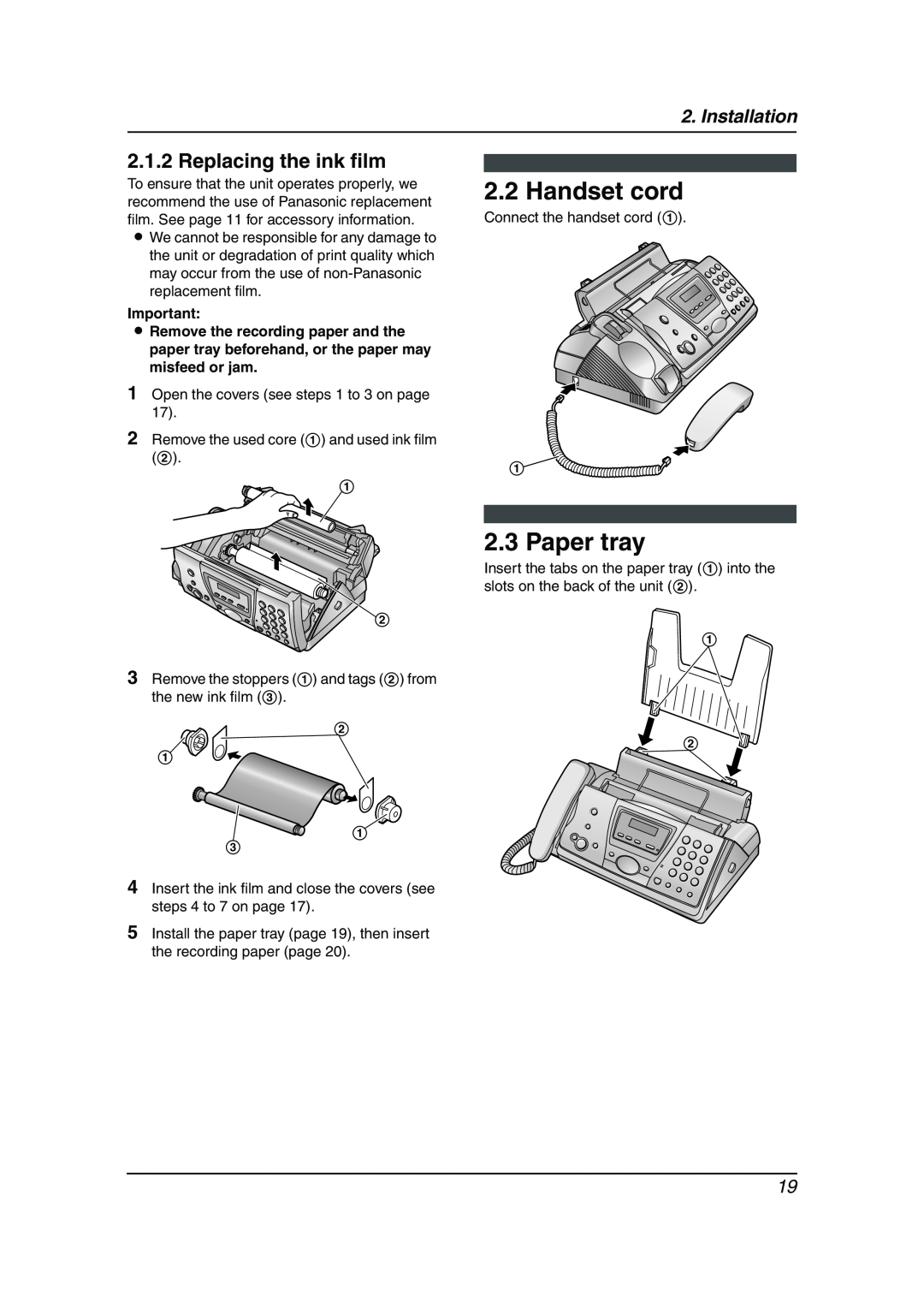 Panasonic KX-FC241AL manual Handset cord, Paper tray, Replacing the ink film, Installation 