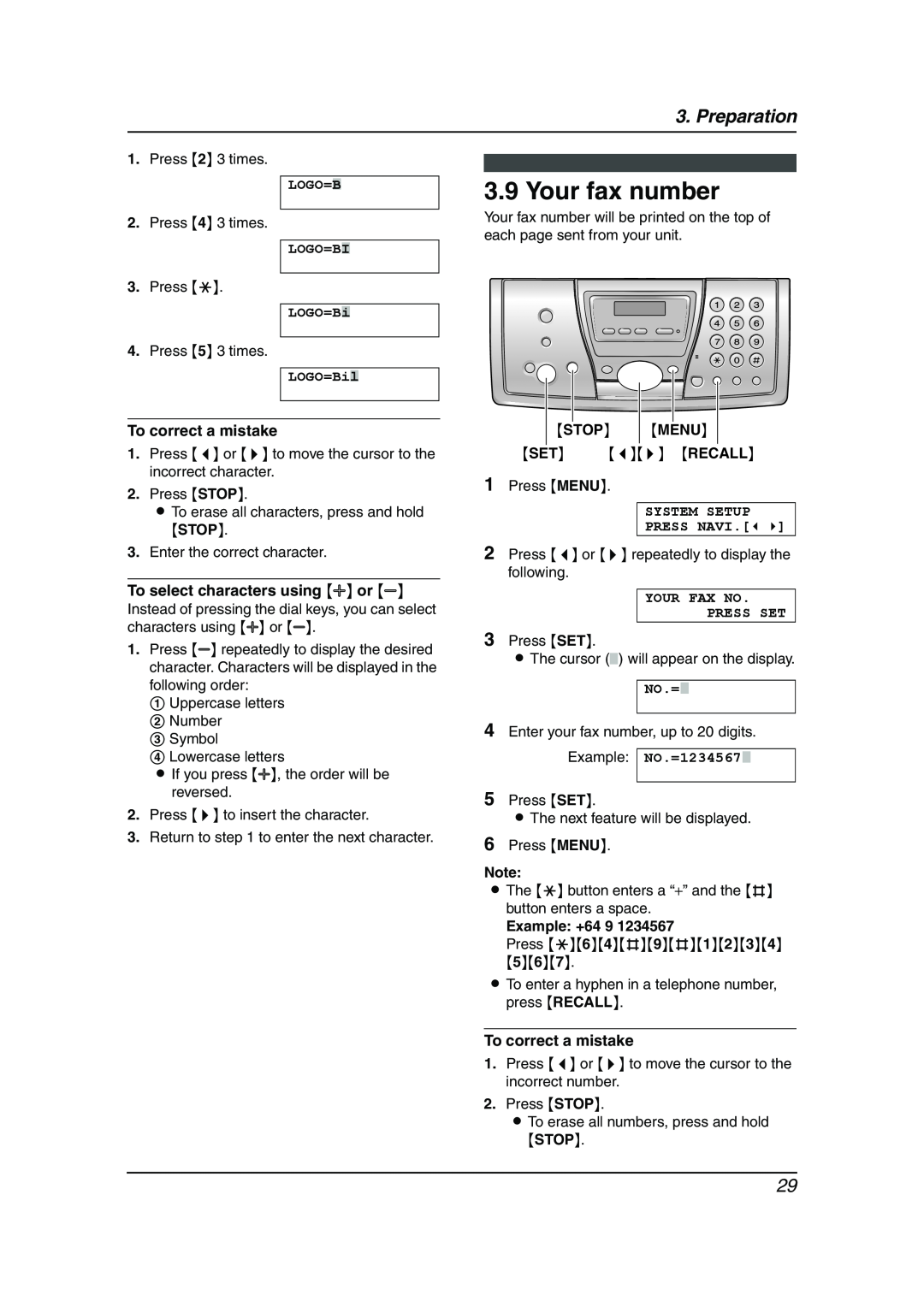 Panasonic KX-FC241AL manual Your fax number, To select characters using A or B, Stop Menu, Example +64 9, Preparation 