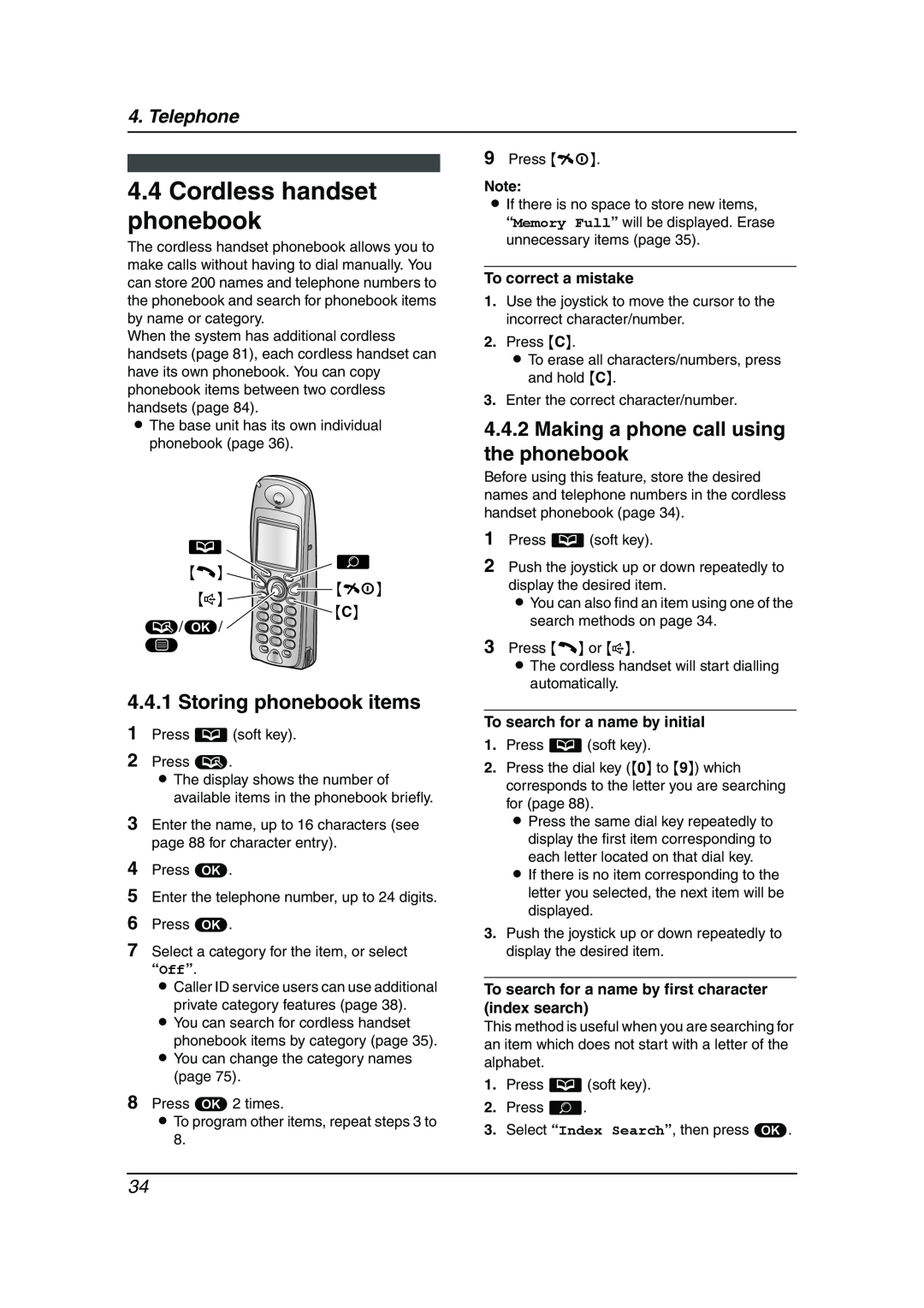 Panasonic KX-FC241AL manual Cordless handset phonebook, Making a phone call using the phonebook, Storing phonebook items 