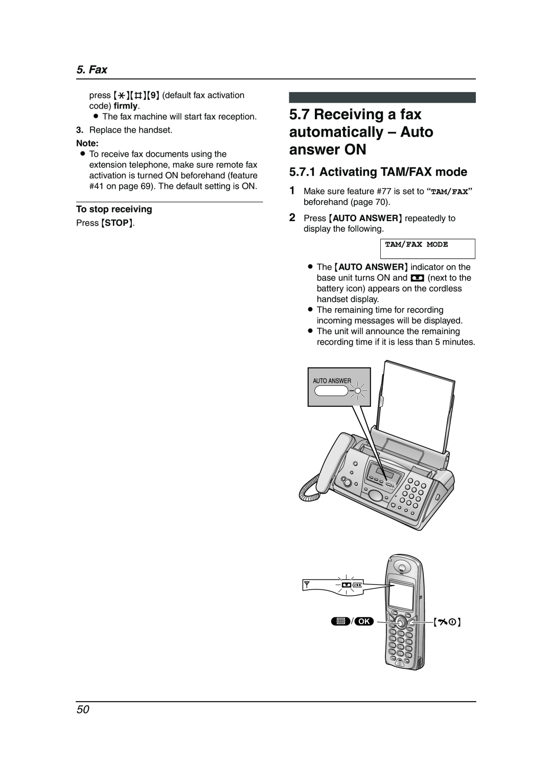 Panasonic KX-FC241AL manual Receiving a fax automatically - Auto answer ON, Activating TAM/FAX mode, To stop receiving, Fax 