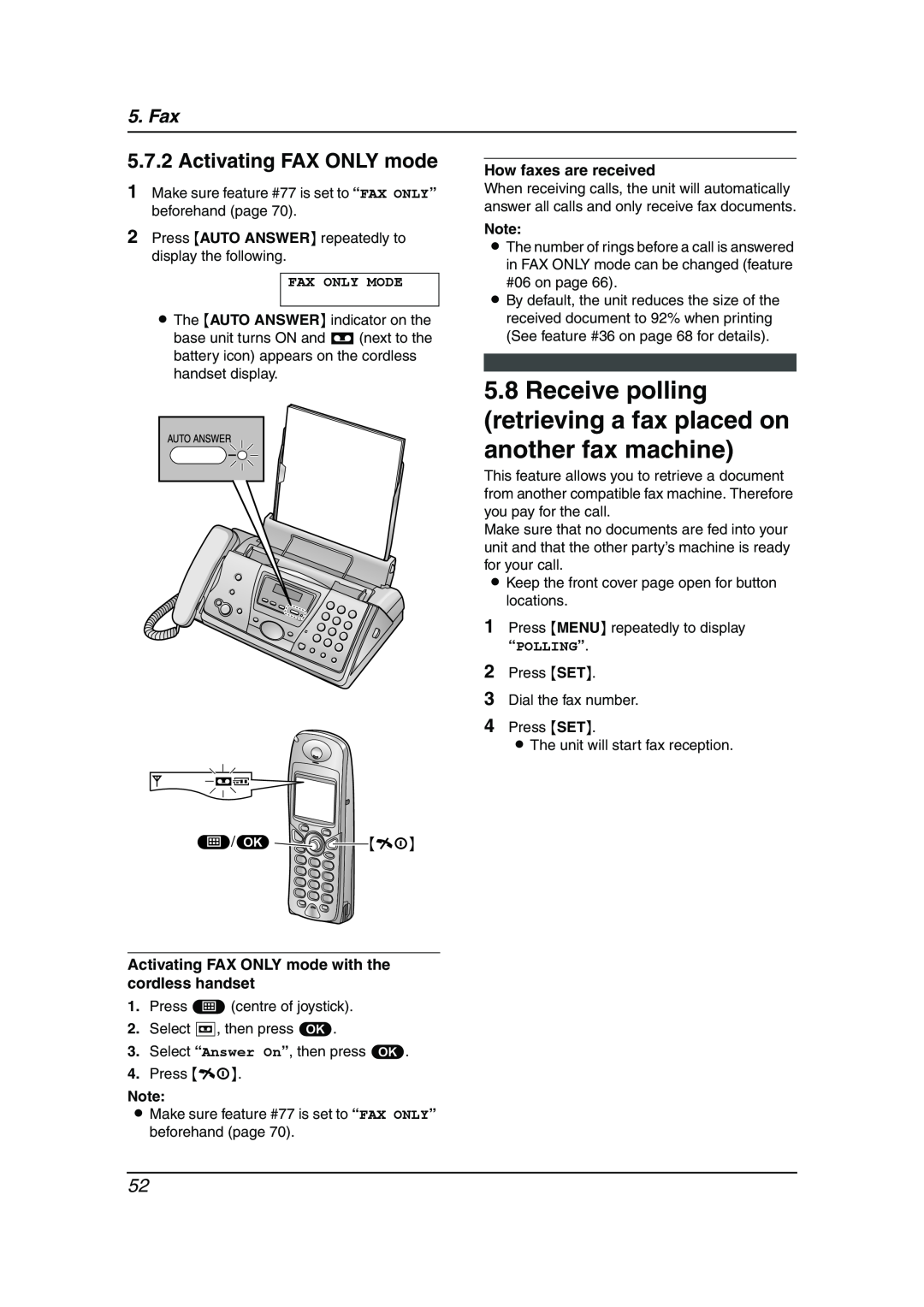 Panasonic KX-FC241AL manual Receive polling retrieving a fax placed on another fax machine, Activating FAX ONLY mode, Fax 