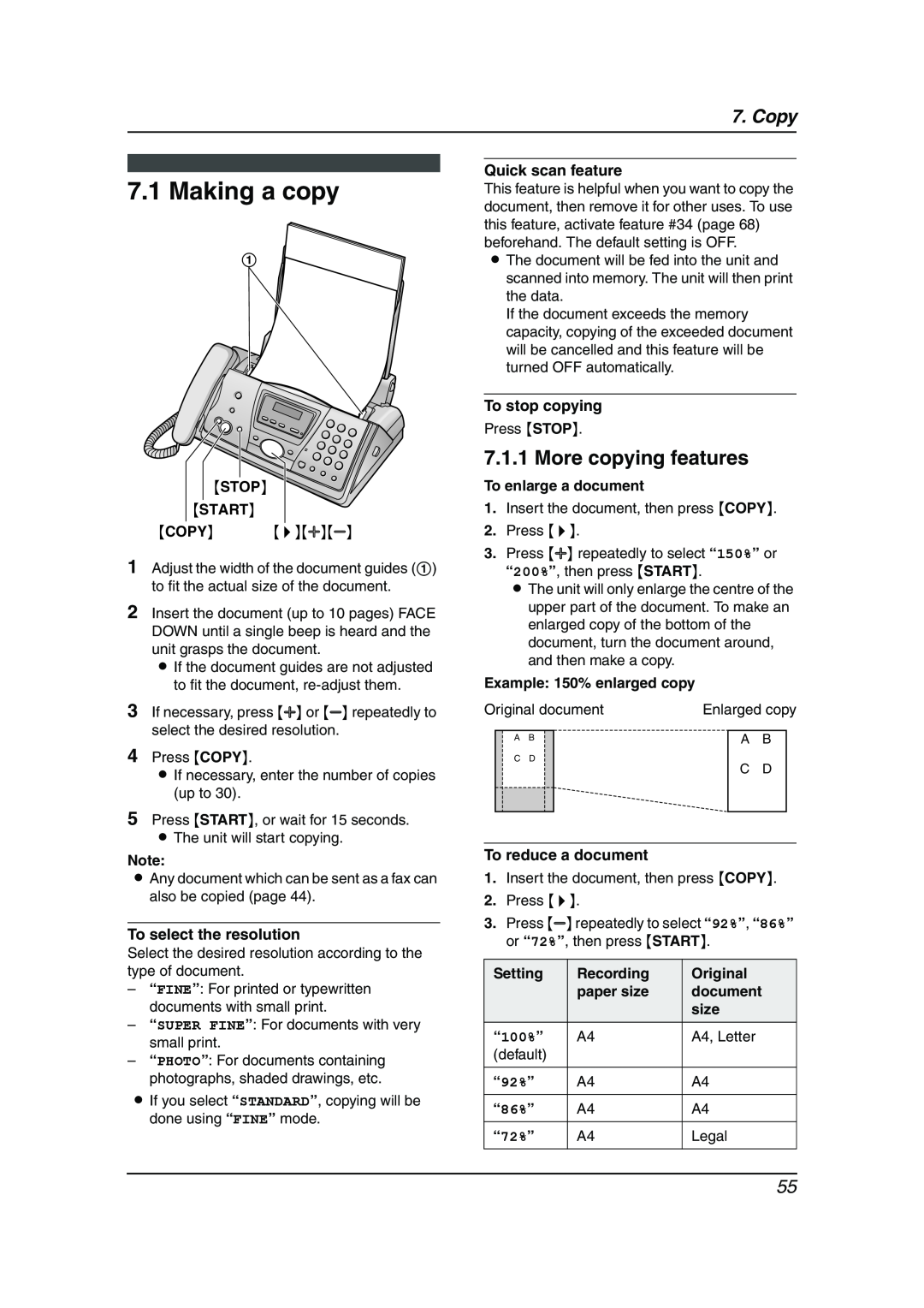 Panasonic KX-FC241AL Making a copy, More copying features, Copy, Stop Start, Quick scan feature, To stop copying, Setting 