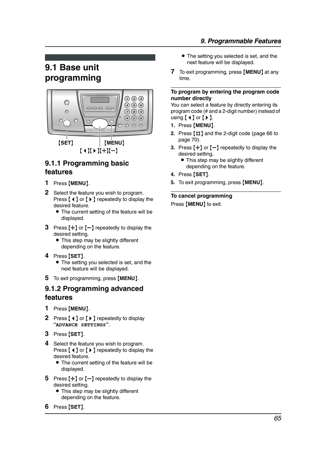 Panasonic KX-FC241AL manual Base unit programming, Programming basic features, Programming advanced features, Menu 