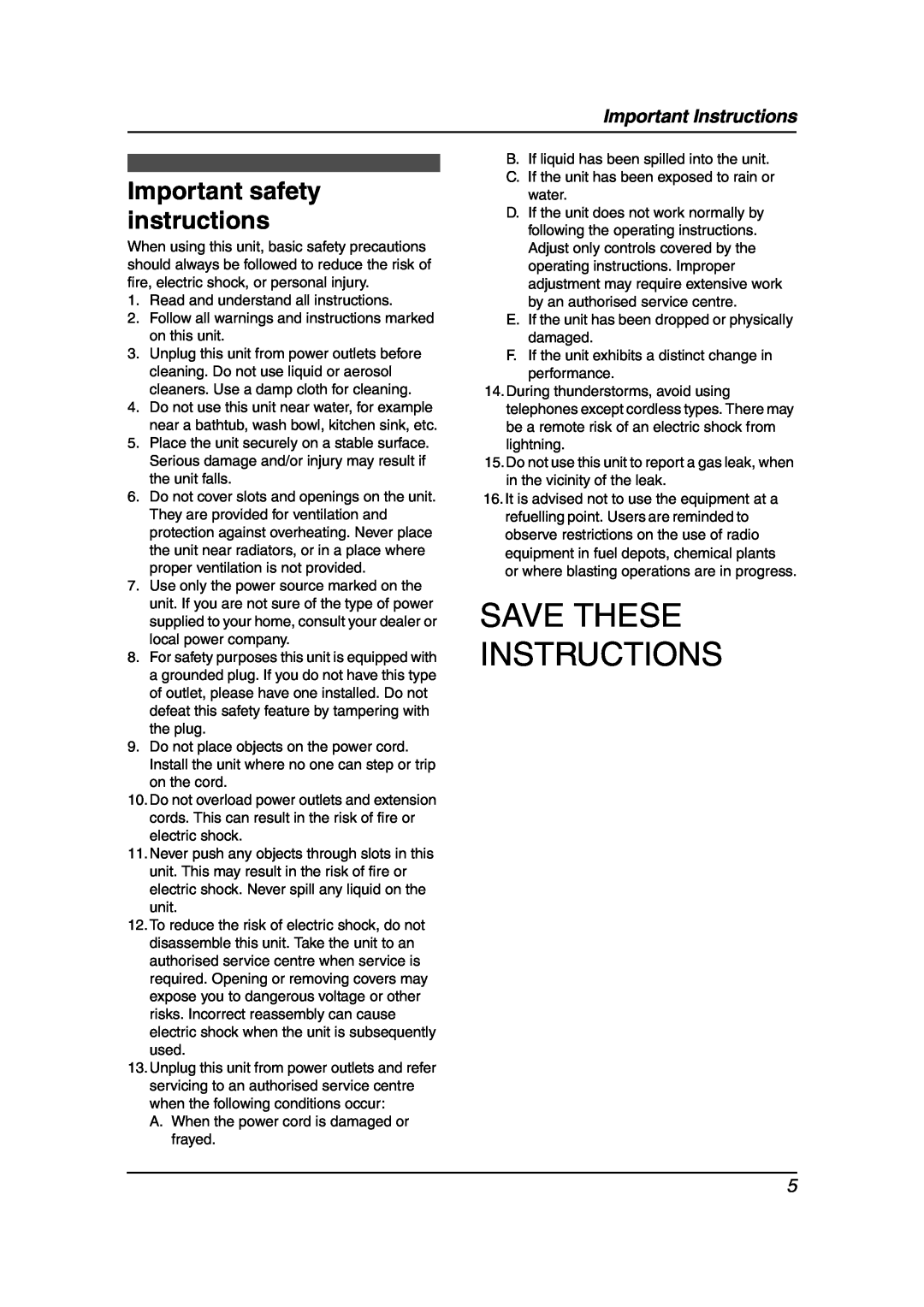 Panasonic KX-FC241AL manual Important safety instructions, Important Instructions, Save These Instructions 