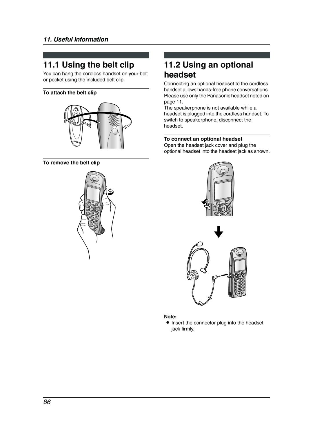 Panasonic KX-FC241AL Using the belt clip, Using an optional headset, Useful Information, To connect an optional headset 
