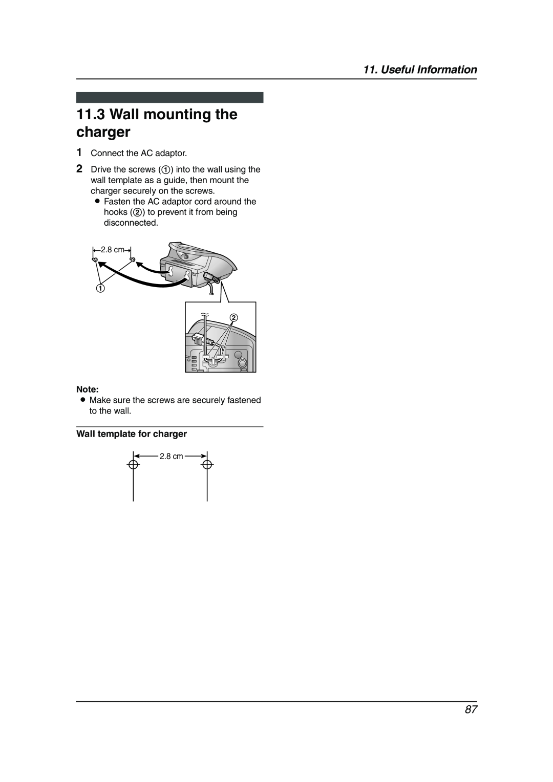 Panasonic KX-FC241AL manual Wall mounting the charger, Wall template for charger, Useful Information 