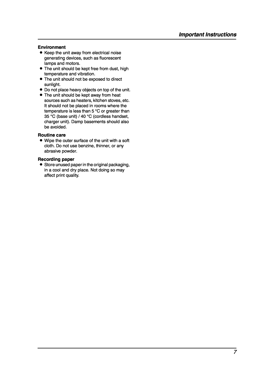 Panasonic KX-FC241AL manual Environment, Routine care, Recording paper, Important Instructions 