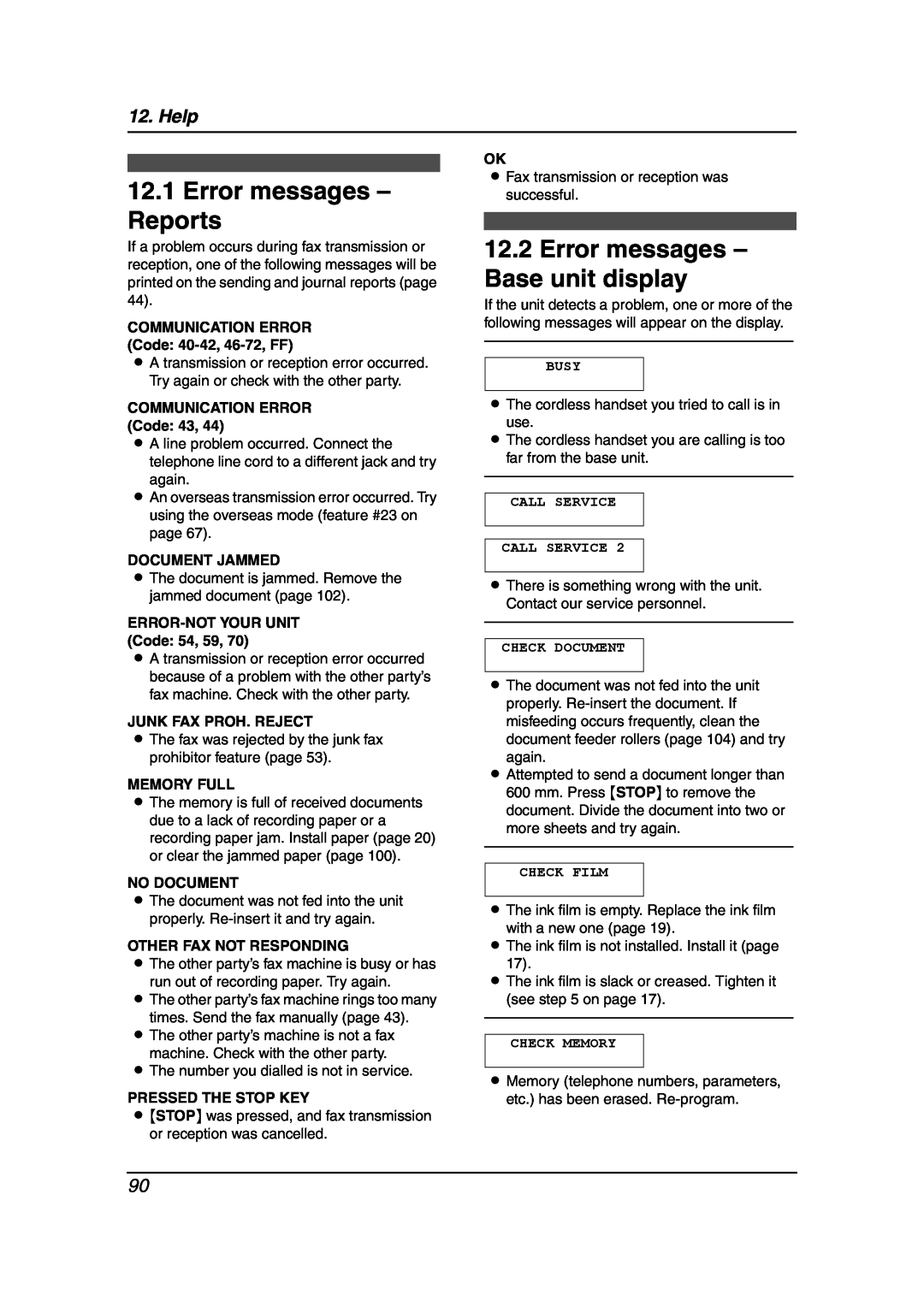 Panasonic KX-FC241AL manual Error messages - Reports, Error messages - Base unit display, Help, COMMUNICATION ERROR Code 43 