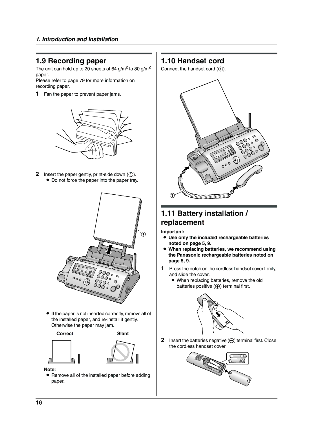 Panasonic KX-FC255AL manual Recording paper, Handset cord, Battery installation / replacement, CorrectSlant 