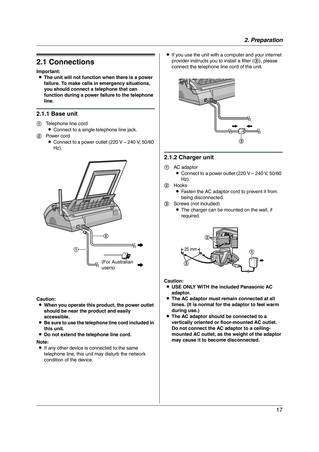 Panasonic KX-FC255AL manual Connections, Base unit, Charger unit 