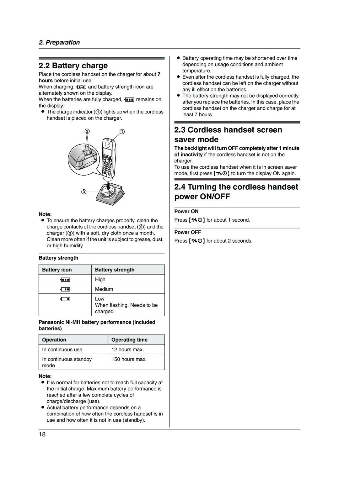 Panasonic KX-FC255AL manual Battery charge, Cordless handset screen saver mode, Turning the cordless handset power ON/OFF 