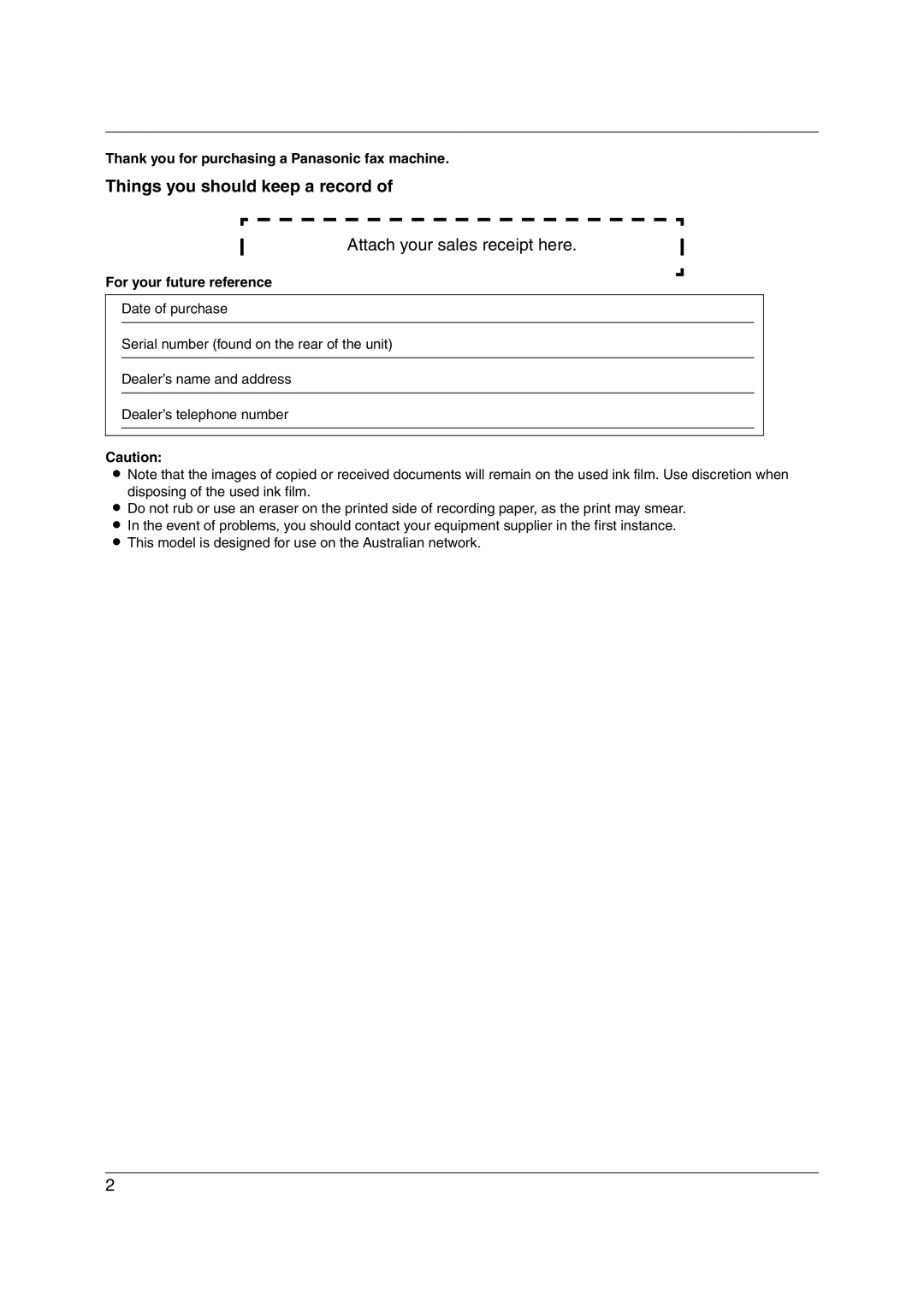 Panasonic KX-FC255AL manual Things you should keep a record, Thank you for purchasing a Panasonic fax machine 