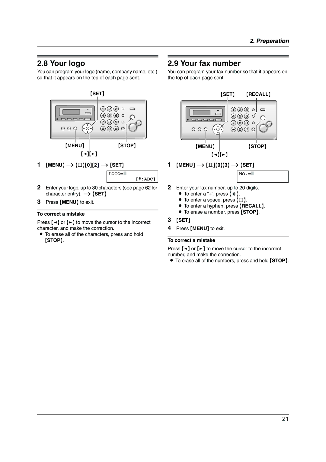 Panasonic KX-FC255AL manual Your logo, Your fax number, Menu Stop, SET Recall 