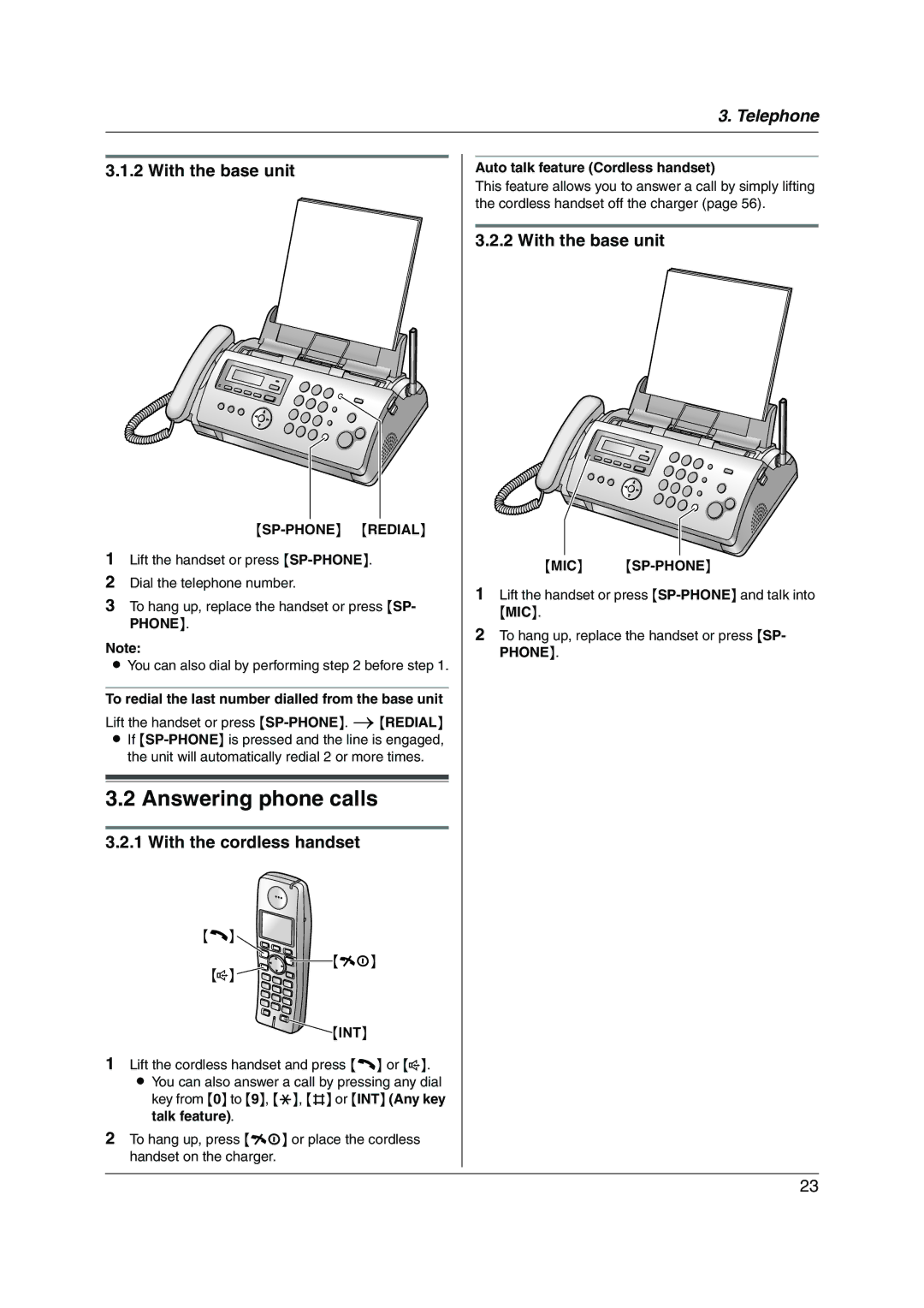 Panasonic KX-FC255AL manual Answering phone calls, SP-PHONE Redial, Mic Sp-Phone 