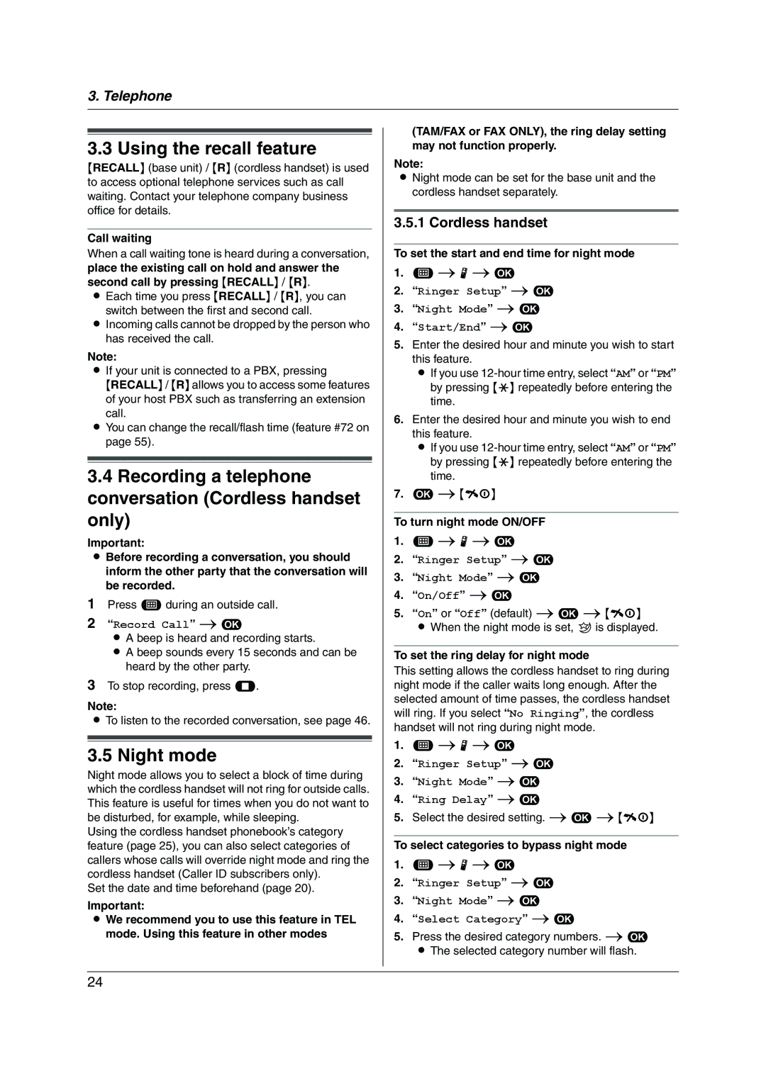 Panasonic KX-FC255AL manual Using the recall feature, Recording a telephone conversation Cordless handset only, Night mode 