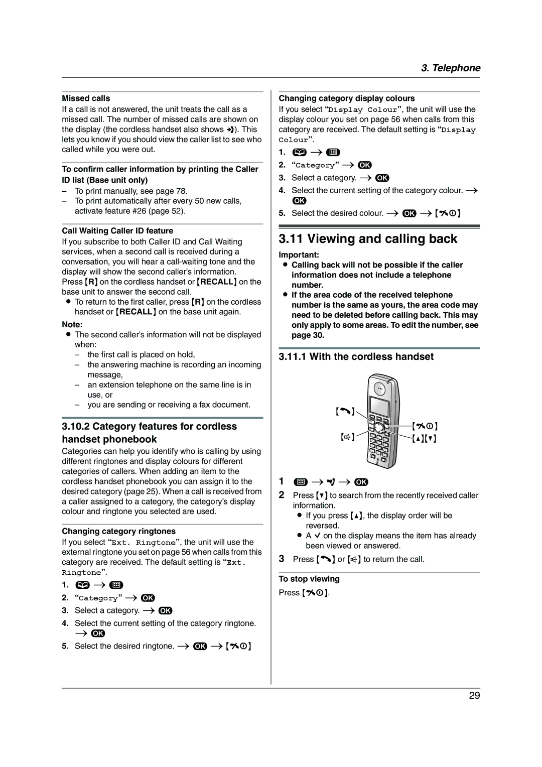 Panasonic KX-FC255AL manual Viewing and calling back, Category features for cordless handset phonebook 