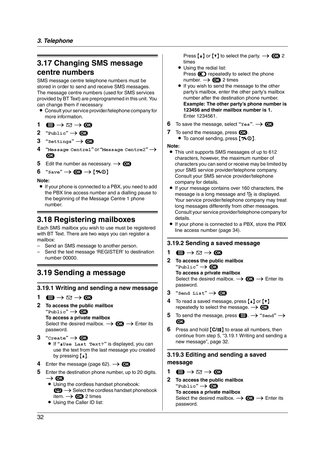 Panasonic KX-FC255AL manual Changing SMS message centre numbers, Registering mailboxes, Sending a message 